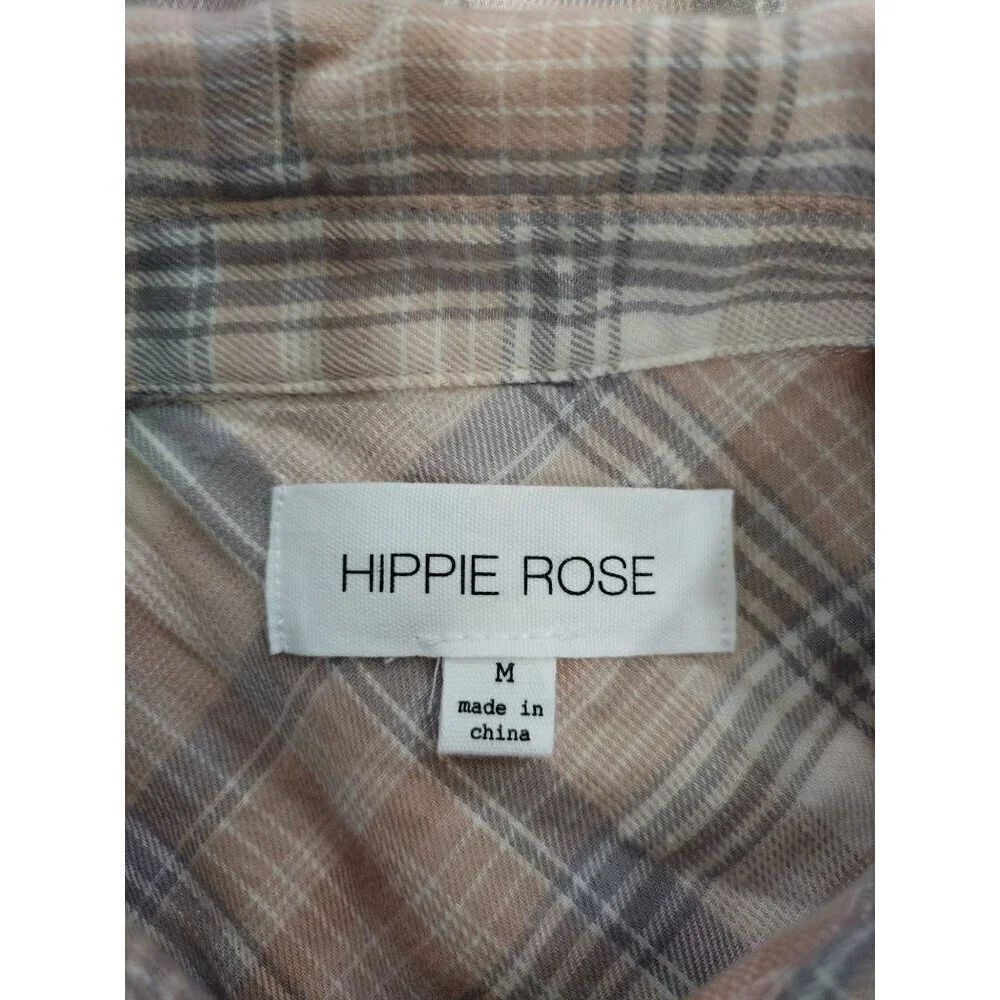 Plaid Long-Sleeve Shirt M By Hippie Rose Cotton & Viscose Beige, Button Front.